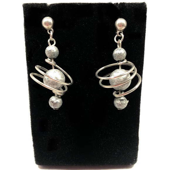 EARRINGS - SILVER-TONE SWIRLS with GRAY BEADS - Picture 3 of 5